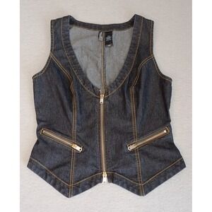 Bisou Bisou Size Medium Women's Blue Denim Zip Up Vest Y2K Fitted Vest 2000s